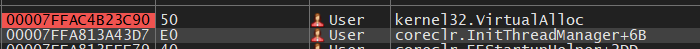 Call stack showing VirtualAlloc breakpoint